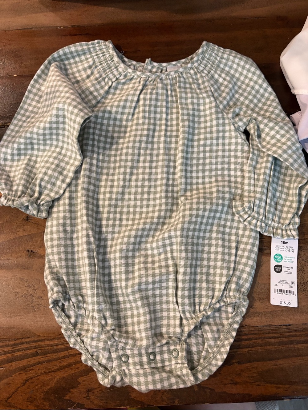Carters long sleeve onesie in sage gingham